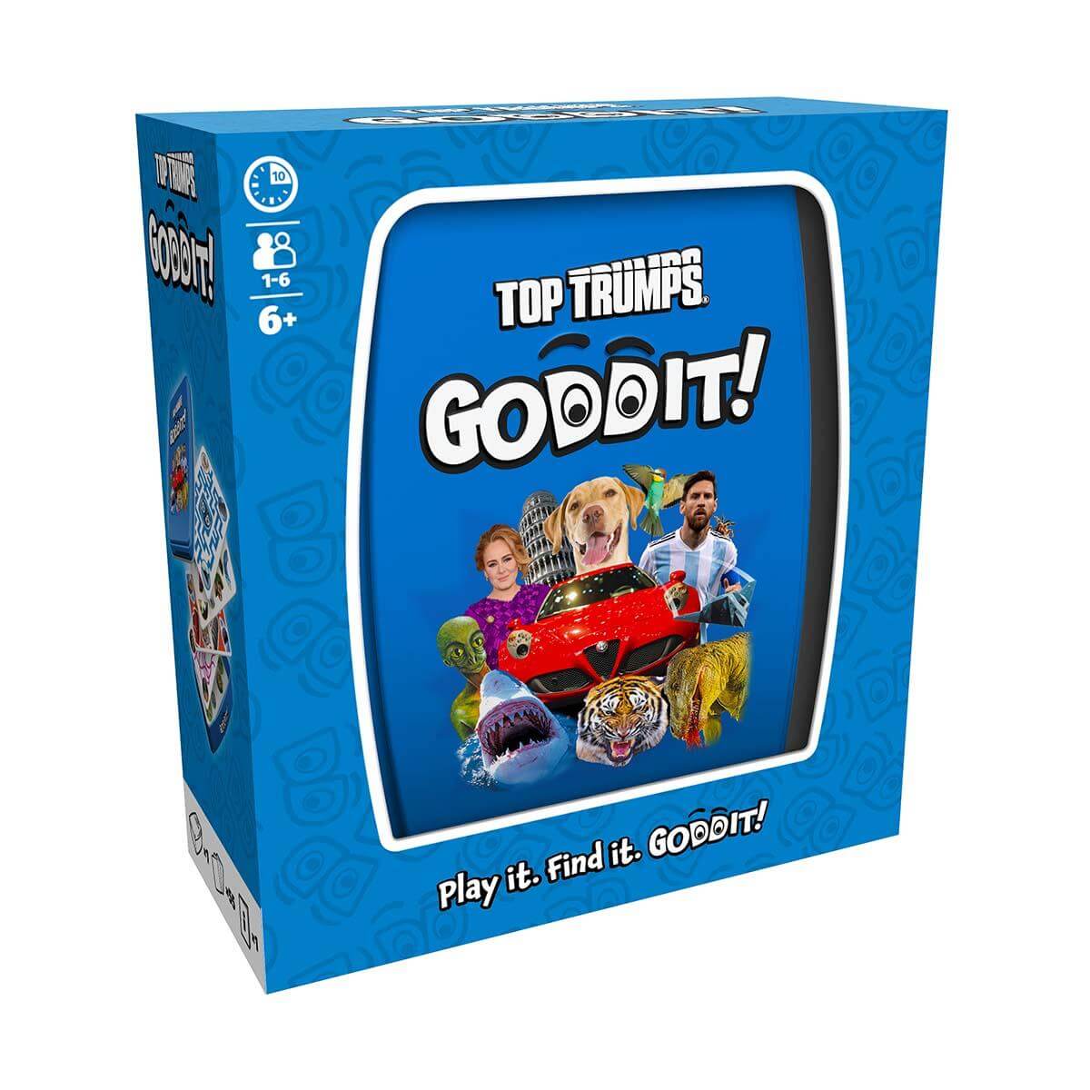 Goddit! Top Trumps Card Game box art featuring fun characters and objects, perfect travel game for quick excitement.