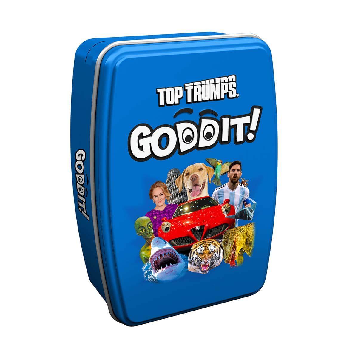 Goddit! Top Trumps Card Game featuring colorful puzzles and fun characters in a vibrant blue tin.