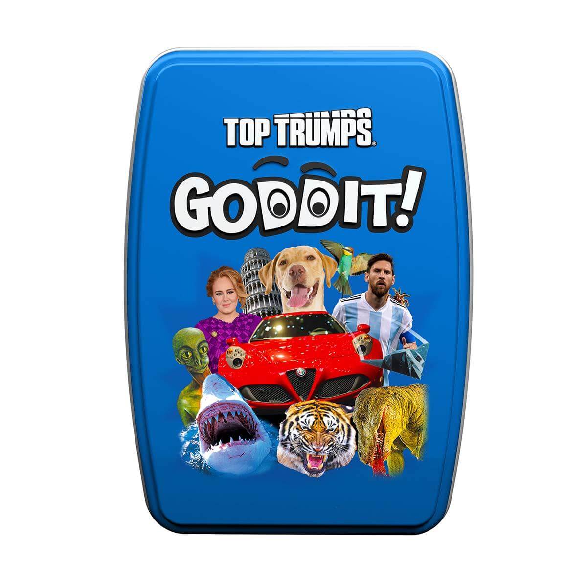 Goddit! Top Trumps Card Game packaging featuring vibrant images and game title on a blue background.