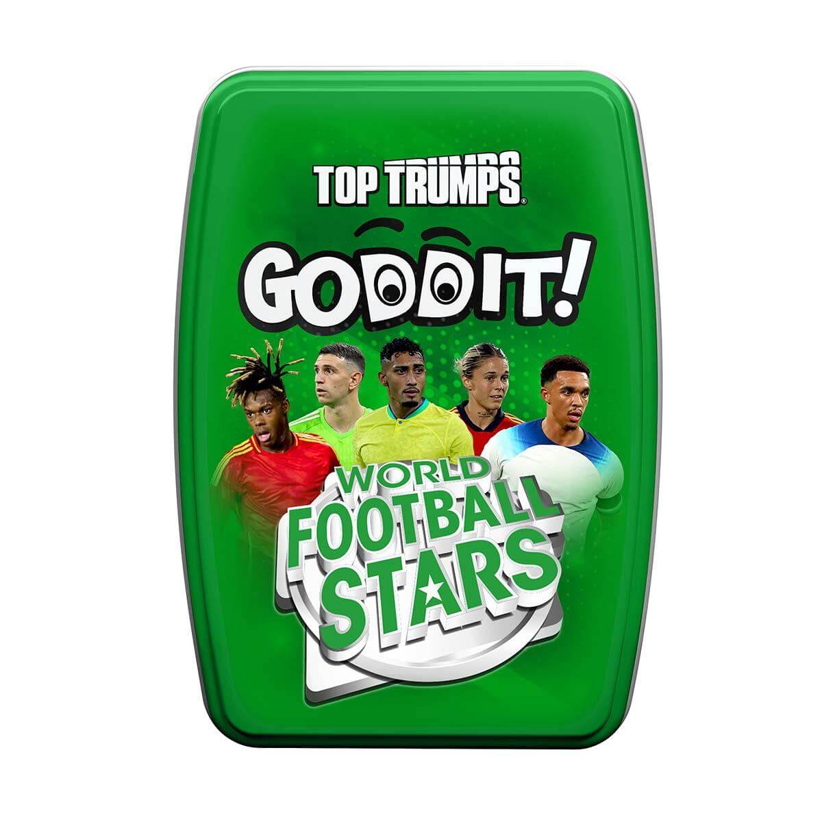 Goddit! World Football Stars Top Trumps Card Game packaging featuring football star illustrations.