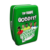 Goddit! World Football Stars Top Trumps Card Game packaging with vibrant colors and soccer player graphics.