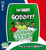 Goddit! World Football Stars Top Trumps Card Game packaging featuring top players and puzzle challenges.