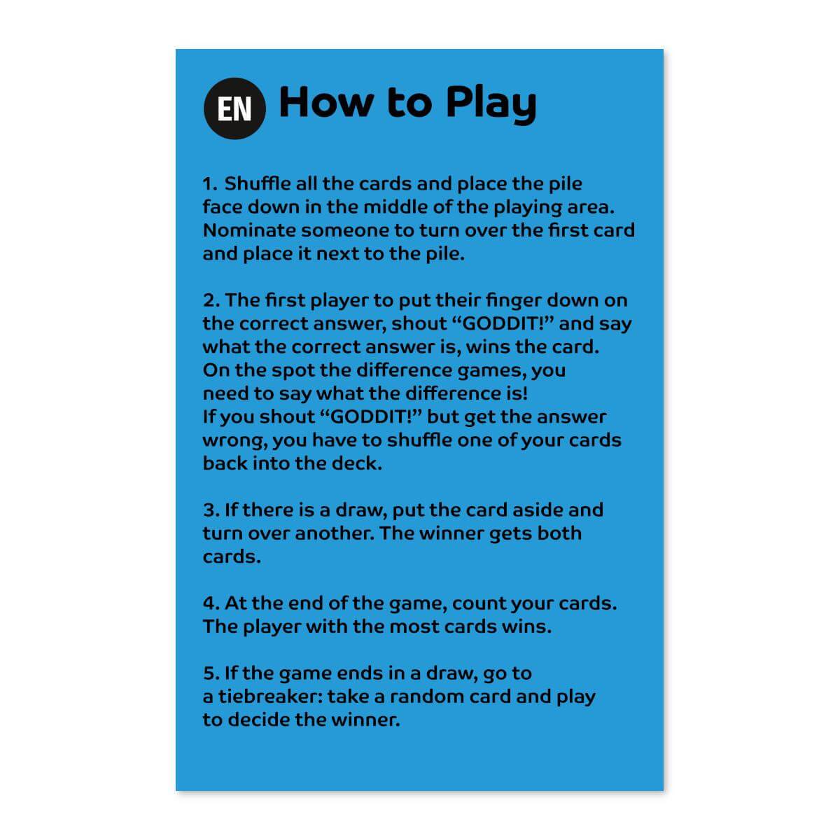 How to play instructions for Goddit! World Football Stars Top Trumps Card Game with game rules and steps.